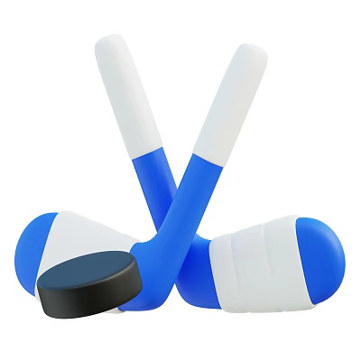 Blue And White Crossed Hockey Sticks With Black Puck Sports Equipment 3d model