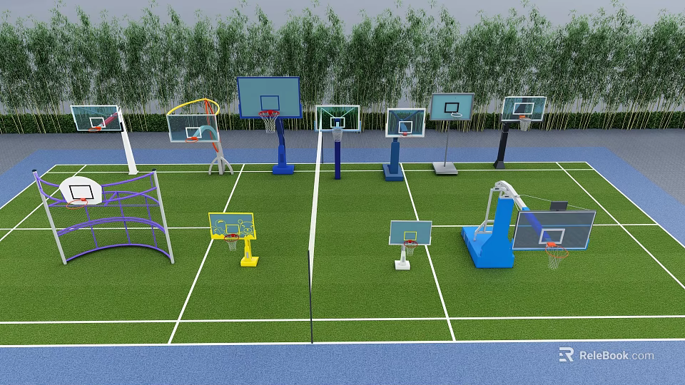 Multiple Types Outdoor Basketball Hoops Sports Equipment With Different Sizes On Green Court 3d model 