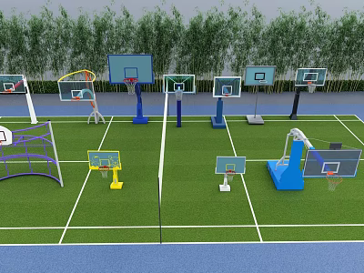 Multiple Types Outdoor Basketball Hoops Sports Equipment With Different Sizes On Green Court 3d model