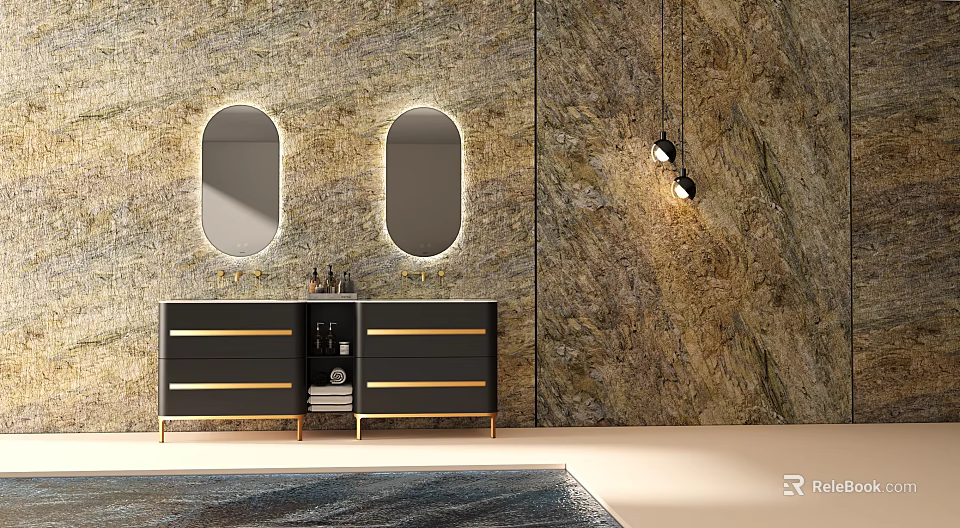 Black Bathroom Vanity With Double Oval Mirrors Gold Accents Marble Textured Wall And Hanging Pendant Lights 3d model 