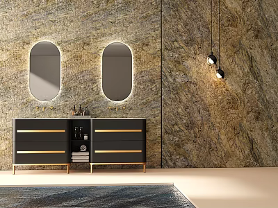 Black Bathroom Vanity With Double Oval Mirrors Gold Accents Marble Textured Wall And Hanging Pendant Lights 3d model