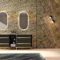 Black Bathroom Vanity With Double Oval Mirrors Gold Accents Marble Textured Wall And Hanging Pendant Lights