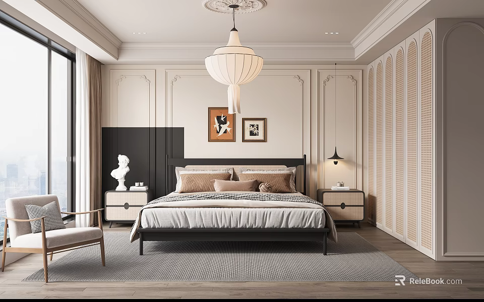 Elegant Modern Bedroom Interior With Chandelier Wall Panels Bed Nightstands And Artwork 3d model 