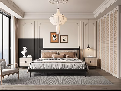 Elegant Modern Bedroom Interior With Chandelier Wall Panels Bed Nightstands And Artwork 3d model