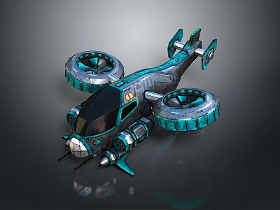 Futuristic Sci Fi Aircraft 3D Model With Blue Green Body Large Propellers And Mechanical Details 3d model