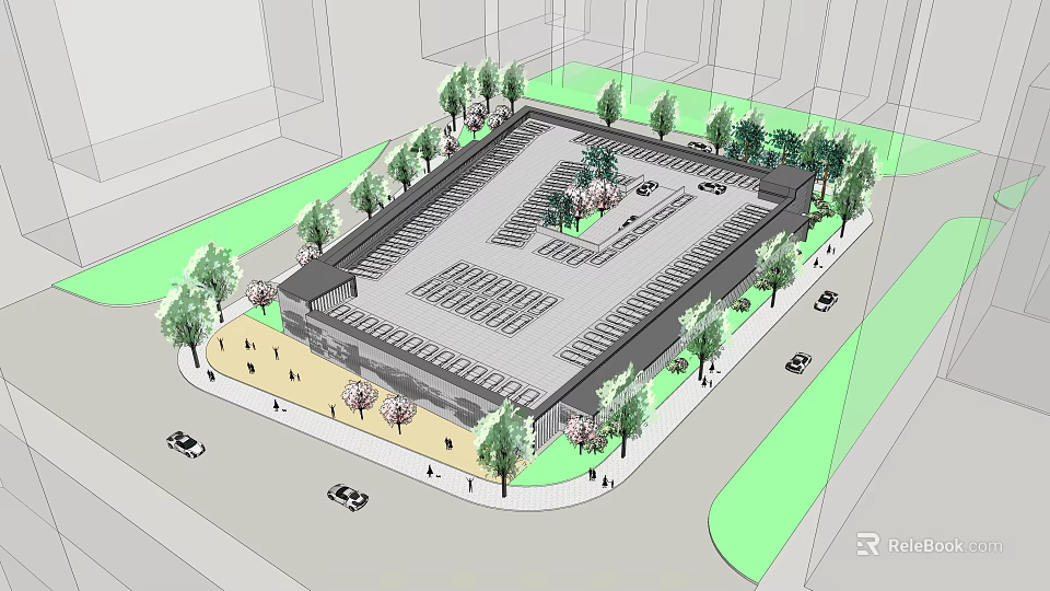 Parking Lot Layout Design With Surrounding Trees And Pedestrian Walkways 3d model 