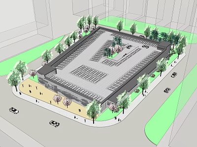 Parking Lot Layout Design With Surrounding Trees And Pedestrian Walkways 3d model