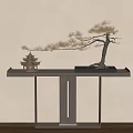 Japanese Style Console Table With Pagoda Lantern And Pine Bonsai Decor 3d model