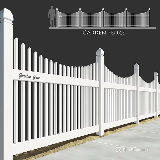 White Modern Outdoor Garden Fence With Picket Design And Decorative Posts 3d model 