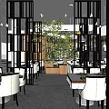 Modern Restaurant Interior With Hanging Lamps Dining Tables White Chairs And Green Plants