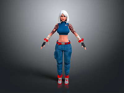 White Haired Female Character In Blue Crop Top Cargo Pants Red Shoes And Arm Tattoos 3d model