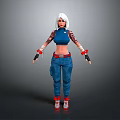 White Haired Female Character In Blue Crop Top Cargo Pants Red Shoes And Arm Tattoos