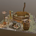 Rustic Garden Decor Setup With Wooden Chair Barrel Campfire Tub And Grass