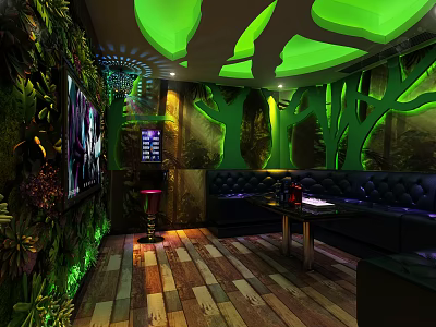 Stylish KTV Interior Design With Green Lighting Sofa Screen And Plant Decor 3d model