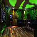 Stylish KTV Interior Design With Green Lighting Sofa Screen And Plant Decor