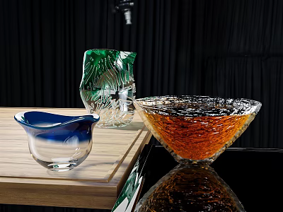 Colorful Beverage Glassware with Blue Rim Bowl Green Pitcher and Orange Liquid on Wooden Board 3d model