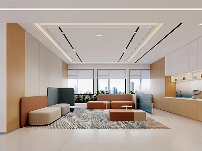 Modern Break Room Interior Design With Comfortable Sofas Area Rug Windows And Cabinetry 3d model
