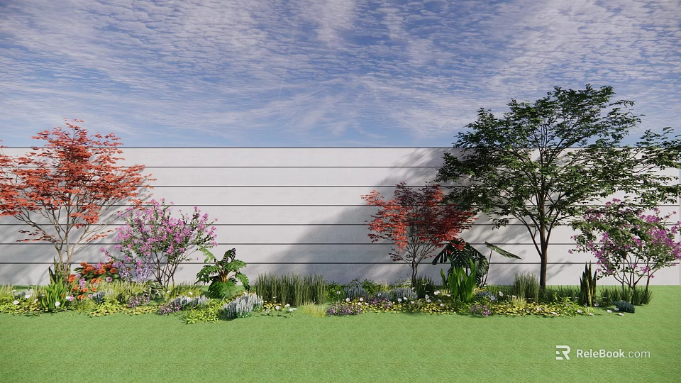 Arbor Trees With Red Green Leaves Purple Flowers White Wall Blue Sky and Green Lawn 3d model 