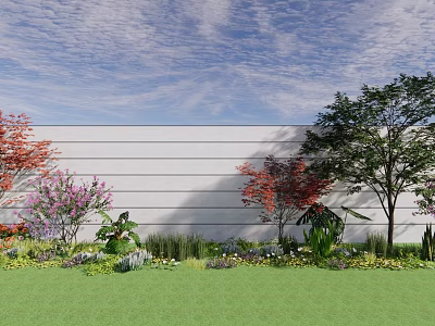Arbor Trees With Red Green Leaves Purple Flowers White Wall Blue Sky and Green Lawn 3d model