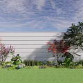Arbor Trees With Red Green Leaves Purple Flowers White Wall Blue Sky and Green Lawn