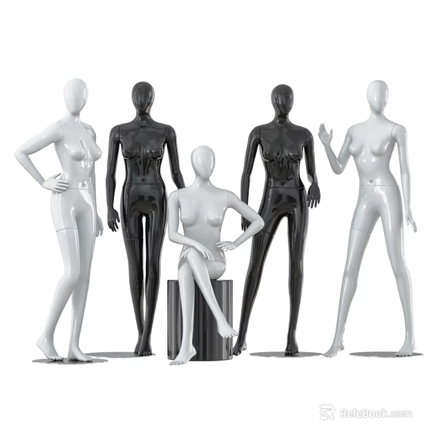 Multiple White And Black Mannequins In Standing And Sitting Poses 3d model 
