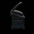 Public Blue Trash Can With Open Lid And Feed Me Text On Wheels