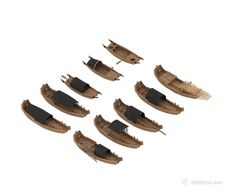 Multiple Small Brown Wooden Boats With Black Covers And Simple Hull Design 3d model 