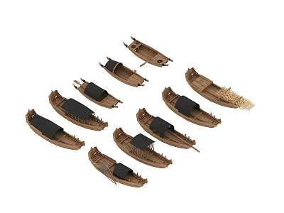Multiple Small Brown Wooden Boats With Black Covers And Simple Hull Design 3d model