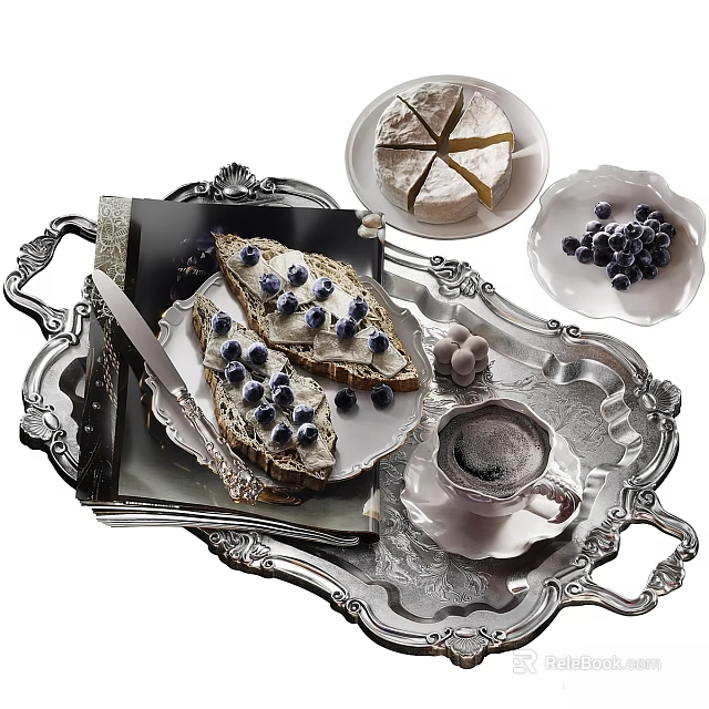 Delicious Toast Topped with Cream and Blueberries on Silver Tray with Coffee and Cheese 3d model 