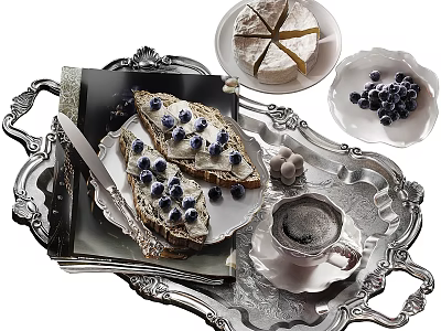 Delicious Toast Topped with Cream and Blueberries on Silver Tray with Coffee and Cheese 3d model