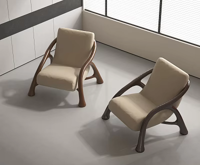 Two Modern Leisure Chairs With Beige Cushions And Wooden Frame In Bright Indoor Space 3d model