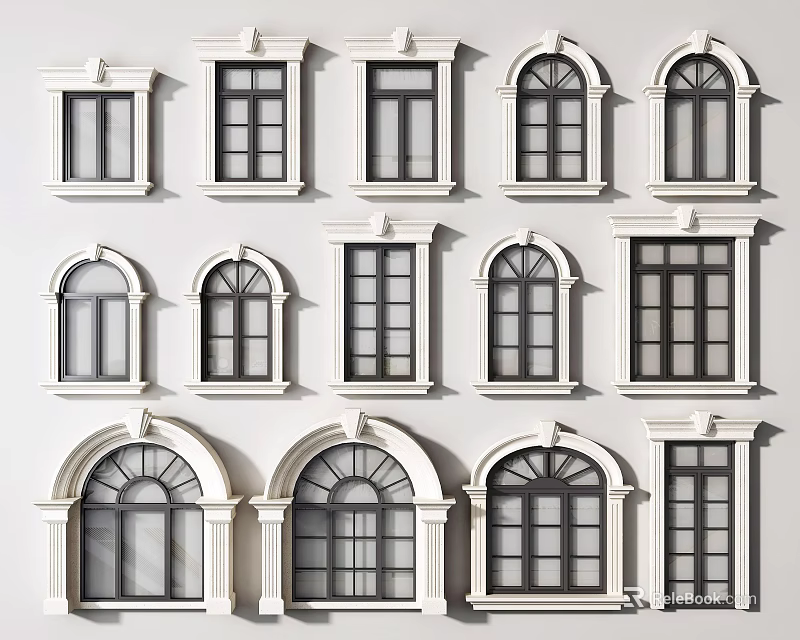 Casement Windows In Various Styles With White Frames Arched And Rectangular Designs 3d model 