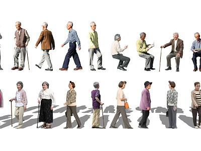 Elderly People Showing Different Activities With Walking Sticks And Casual Clothing 3d model