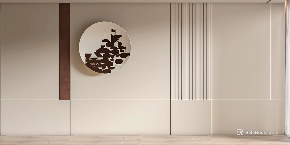 Light Background Wall Featuring Round Decorative Mirror with Black Geometric Patterns and Vertical Stripes 3d model 