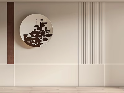Light Background Wall Featuring Round Decorative Mirror with Black Geometric Patterns and Vertical Stripes 3d model