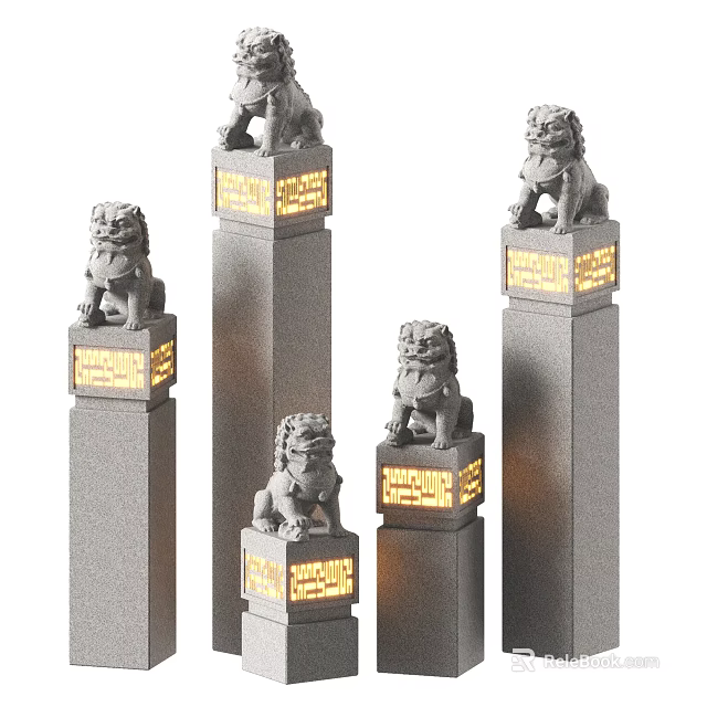 Illuminated Floor Lamp Featuring Stone Lion And Stone Pillar With Glowing Lantern Design 3d model 