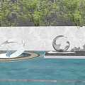 Modern Style Metal Circular Design Landscape Sculptures in Pool with Green Trees and Blue Sky