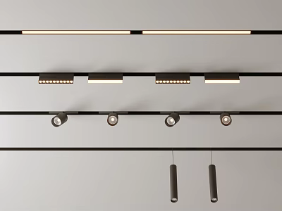 Sleek Modern Downlights And Spotlights Ceiling Mounted Lighting Fixtures Arranged In Rows 3d model
