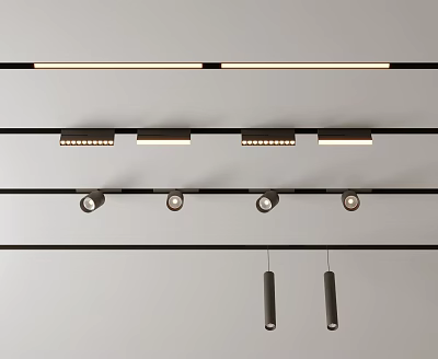 Sleek Modern Downlights And Spotlights Ceiling Mounted Lighting Fixtures Arranged In Rows 3d model
