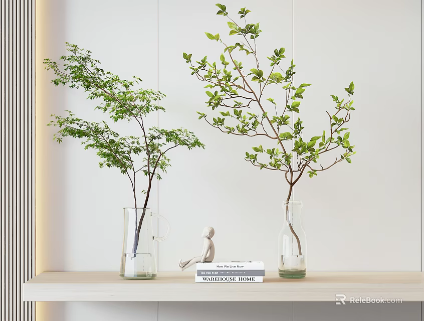 Clear Glass Vases With Green Leafy Plants On Light Wooden Shelf Home Decor 3d model 