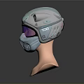 Light Blue Tactical Helmet With Purple Goggles And Circular Components On Mannequin Head Dark Background