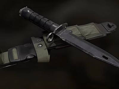 Tactical Military Knife With Serrated Blade Black Handle And Green Sheath 3d model