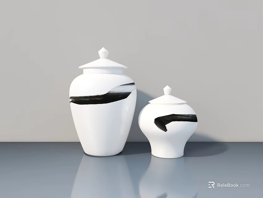 Smart Machine Crafted White Ceramic Jars With Black Stripes On Gray Table 3d model