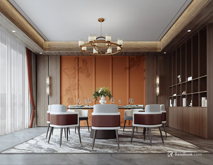 Chic Private Dining Room With Table Chairs And Chandelier 3d model