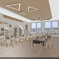 Bright Modern Kindergarten Interior With Wooden Ceiling Geometric Pendant Lights Tables Chairs And Large Windows