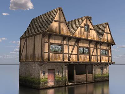 Historic Timber Framed Ancient Building With Sloped Roof And Stone Walls By Water 3d model