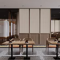 Traditional Chinese Tea Restaurant With Wooden Tables Stone Path Greenery Round Window And Lattice Partition