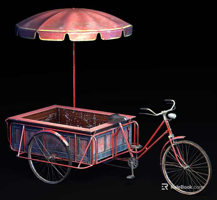 Classic Tricycle Cart With Red Umbrella Metal Cargo Box And Wheels 3d model 