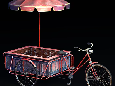Classic Tricycle Cart With Red Umbrella Metal Cargo Box And Wheels 3d model