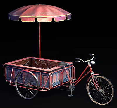 Classic Tricycle Cart With Red Umbrella Metal Cargo Box And Wheels 3d model